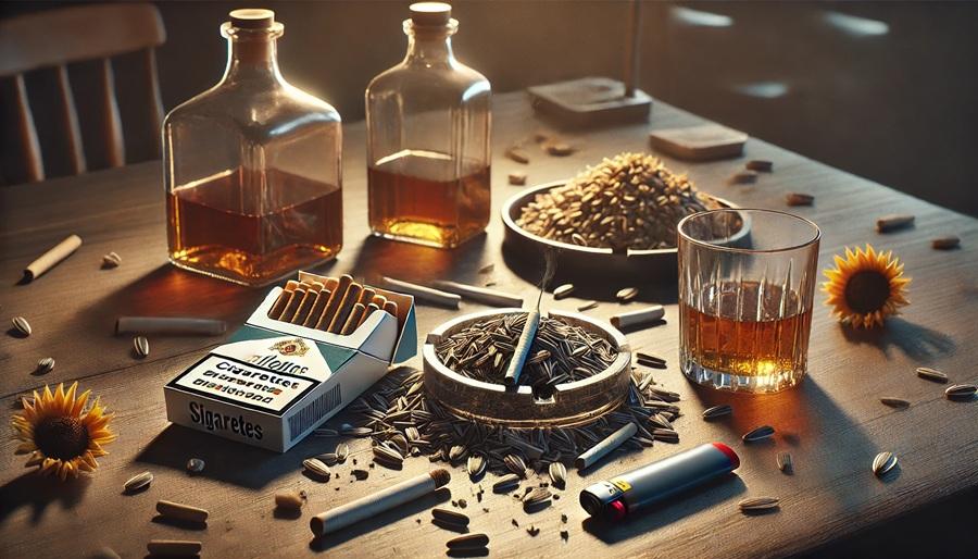 Алкоголь, сигареты и семечки на столе.